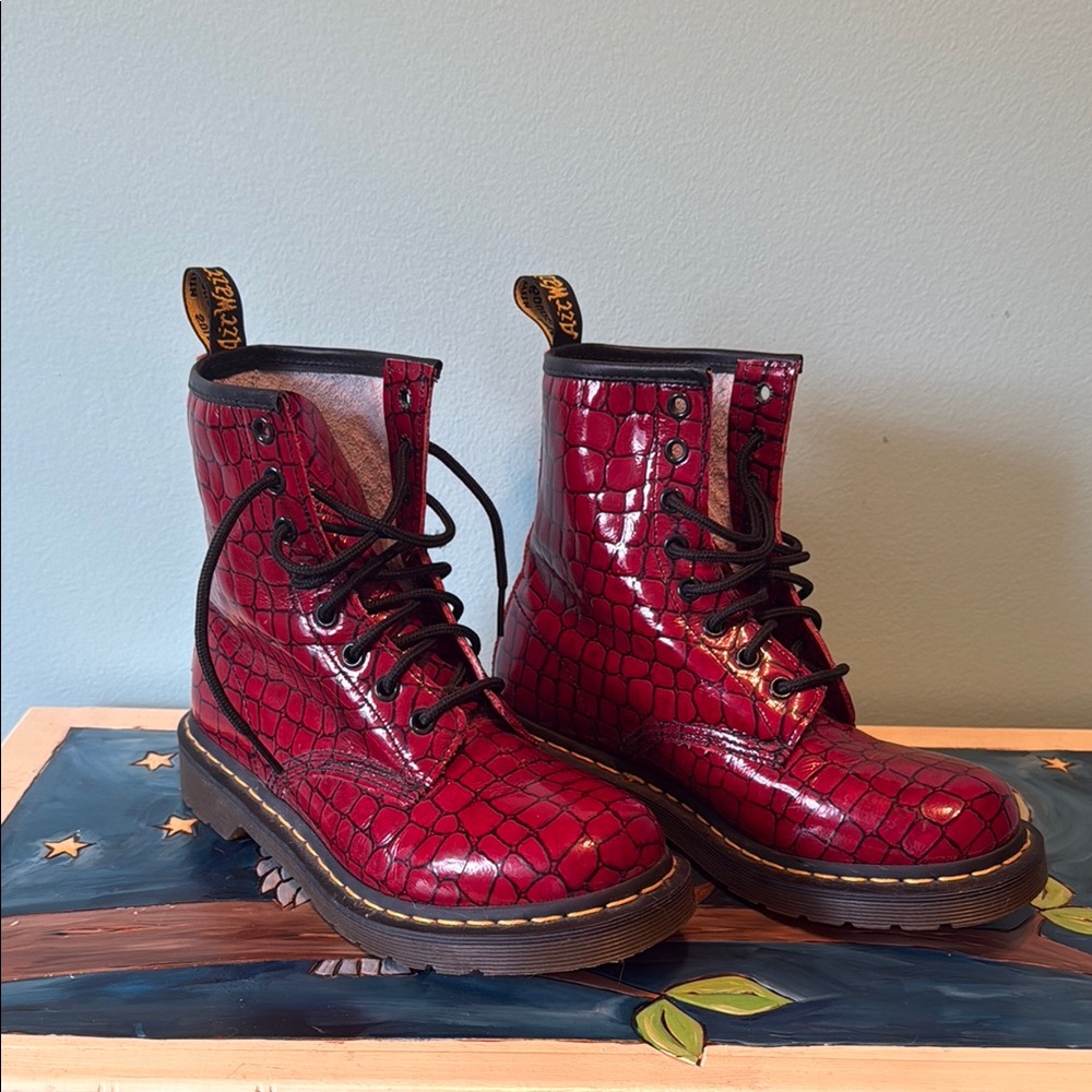 Red Croc-Embossed Lace-Up Boots